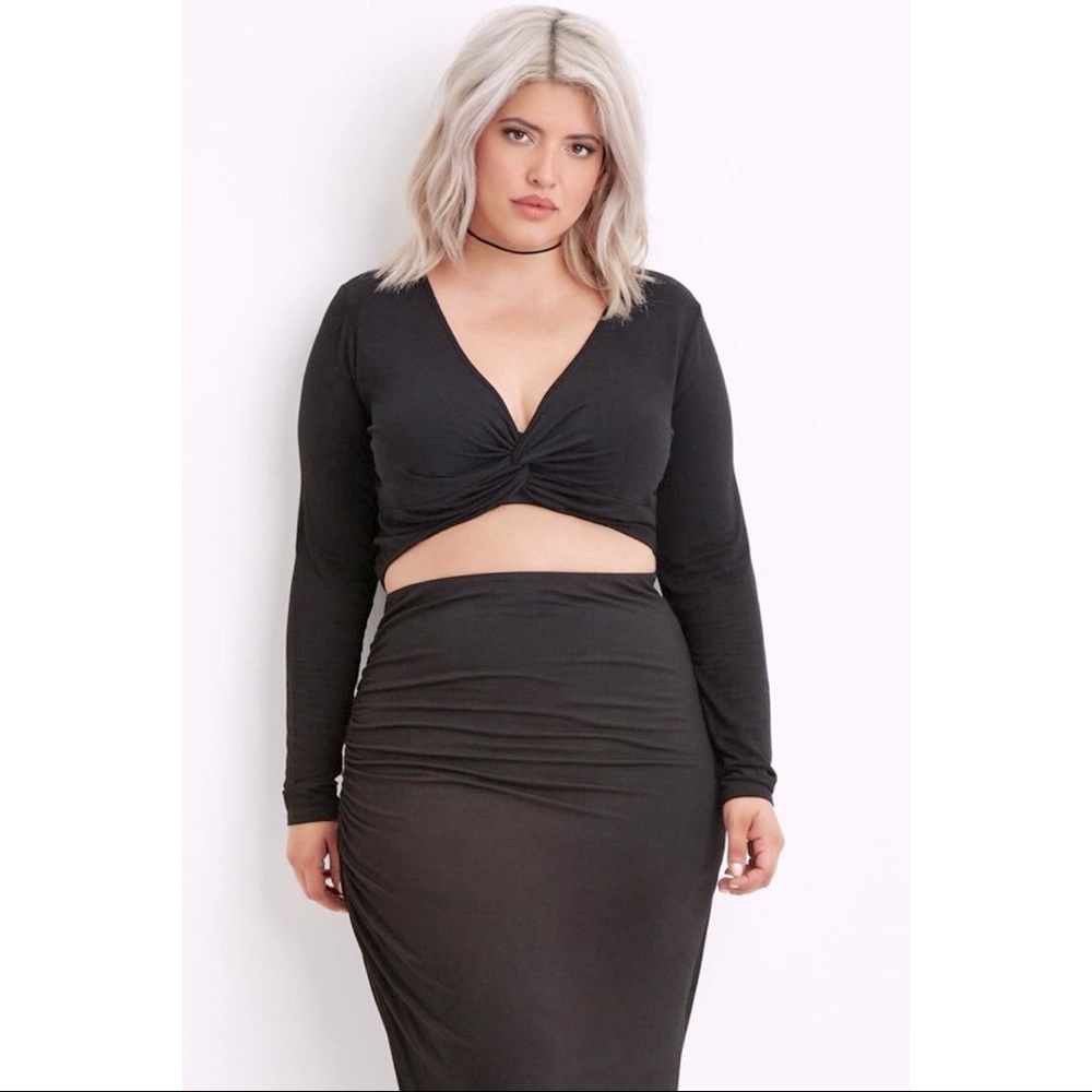Forever 21+ Black Twist Front Long Sleeve Crop Top